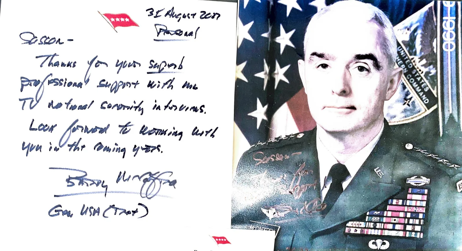 Signed portrait and handwritten commendation from Gen. Barry McCaffrey (USA, Ret.)